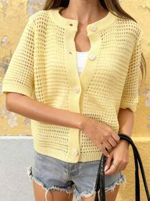 FOR BEAUTY Summer New Round Neck Short Sleeve Knit Cardigan, Women Loose Hollow Thin Button Cream Yellow Top, Casual Versatile, Suitable For Street Shopping And New Year Wear - Yellow - View 2