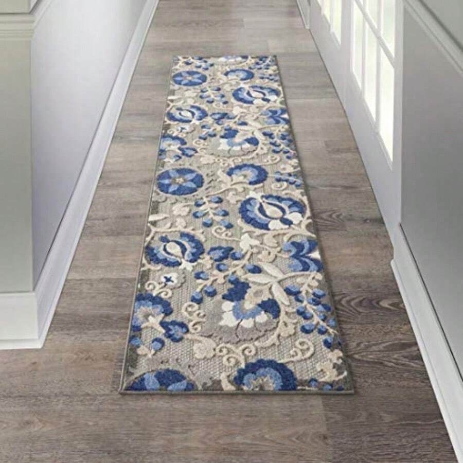 Nourison Aloha - Alfombra de área para Interiores y Exteriores Natural/Azul de 2 x 6 pies fácil Limpieza no se desprende recámara Sala de Estar Comedor Patio terraza Patio 2 x 6 - Azul natural - Ver 1