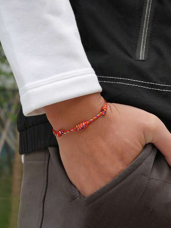 1 pièce Bracelet de corde porte-bonheur pour hommes, bracelet tressé avec nœud porte-bonheur, accessoire de bracelet tressé coloré rouge, vert, noir