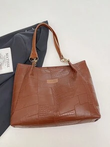 Nuova borsa a tracolla/borsetta casual in pelle PU di grande capacità, borsa a spalla/borsetta da donna di moda in colore unito con cerniera - Castano - Visualizzare 7