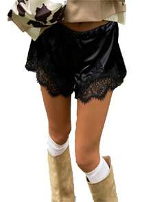 Women Lace Trim Satin Silk Shorts Y2K Patchwork Silky Mini Shorts Elastic Waist Pajama Slip Bottoms Boxer - màu đen - Xem 5
