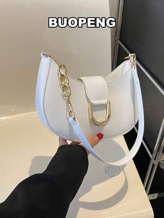 素色金屬裝飾流浪包時尚女性單肩包