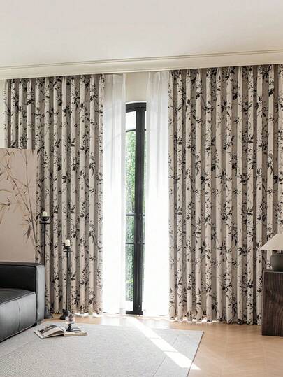 单幅遮光隔热窗帘 - 厚实耐用，100% 涤纶材质，复古印花黑白花卉图案，多功能悬挂方式，遮光隔音降噪，适用于卧室、客厅