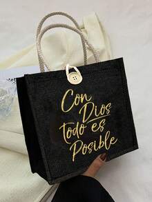 基督教主题帆布手提袋,时尚“Con Dios Todo Es Posible”(在上帝面前,万事皆有可能)帆布手提袋,可重复使用印花手提袋,女士双提手购物书包,大容量单肩包,休闲手提袋,圣诞节收纳袋 - 彩色 - 查看 7