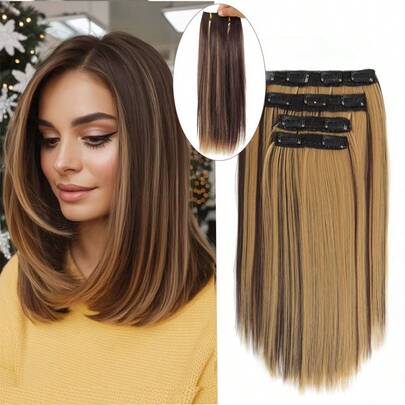 4片/套 15英寸直发顺滑短款夹式接发，升级版蛋白纤维，天然柔软合成发，专为女性设计，增加发量，适合日常佩戴和派对场合