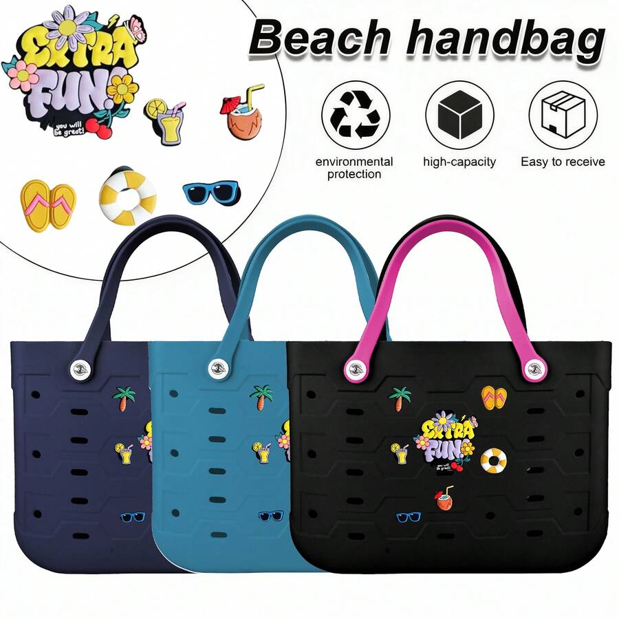 Solid Color Large-Capacity Women's Beach Bag, Multiple Colors Available, Waterproof Open Design, Easy To Clean, EVA Oversized Handbag Tote Bag, Fashionable Shopping Bag, Multi-Functional Holiday Travel Bag, Shoulder Tote Bag, Oversized, Medium, Small Size For You To Choose (Including A Set Of Drop Plastic Decorations) - 彩色 - 查看 1