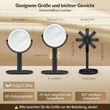 Kosmetikspiegel mit Beleuchtung, Vergrößerungsspiegel mit Licht 20x, Kosmetikspiegel mit Vergrößerung 8 Zoll, doppelseitig, 3 Farben, 64 LED, Schminkspiegel mit Beleuchtung, rund, 360 ° - Schwarz - 30x höhenverstellbar - Übersicht 5