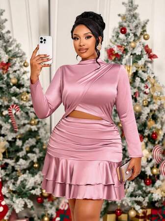 BIUBIU 女装大码秋冬优雅长袖修身镂空包臀裙高弹针织缎面连衣裙适合居家/休闲/新年女装/万圣节