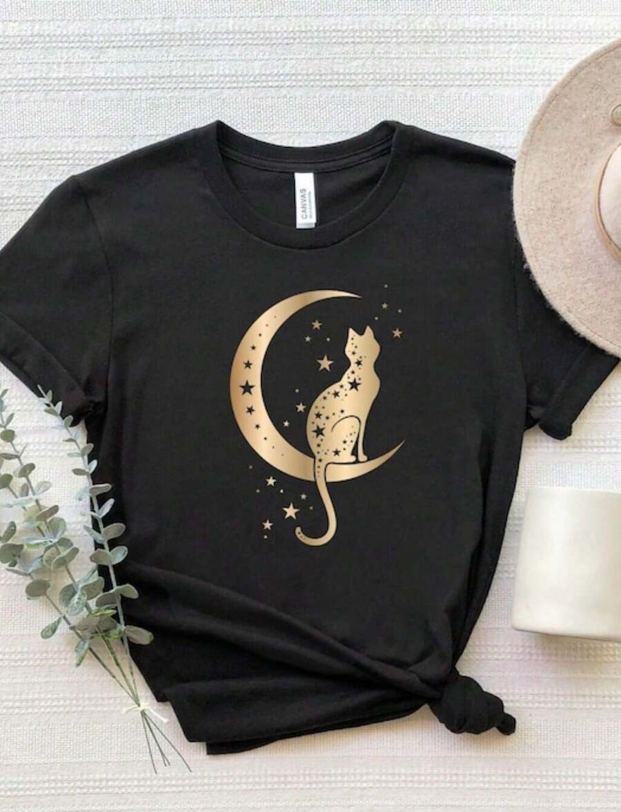 Casual Women's Black Round Neck Short Sleeve T Shirt With Moon And Stars Cat Print Regular Length Slight Stretch Knitted Fabric - 黑色 - 查看 1