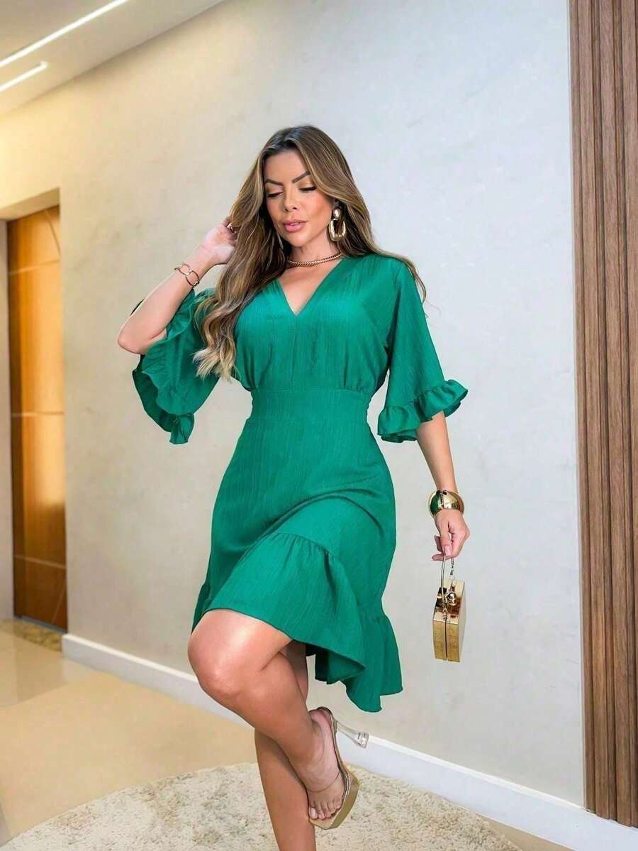 Duna Wave Short Dress With Ruffle Sleeves And Lining - Green - View 1