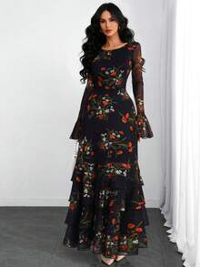 女式哥特式优雅复古性感现代华丽花瓣长袖网眼浪漫荷叶边多层蛋糕下摆彩色印花连衣裙适合节日假期约会和日常 - 彩色 - 查看 6