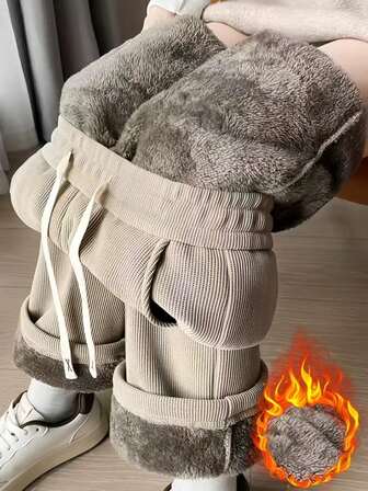 Women's Solid Color Drawstring Waist Pockets Wide Leg Loose Casual Thermal Lined Pants