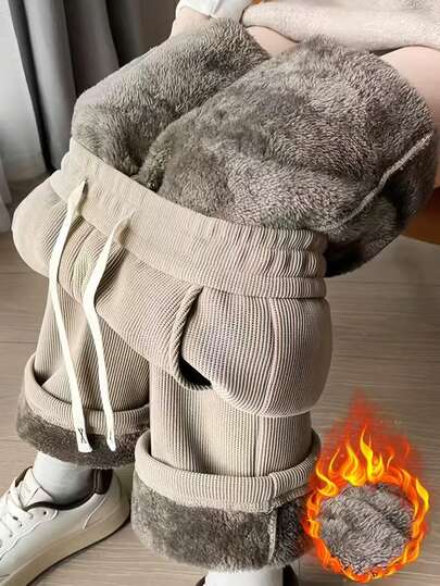 Kadınlar İçin Düz Renk Bağcıklı Bel Cepli Geniş Paça Bol Günlük Termal Astarlı Pantolon