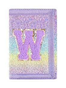 1pc Letter Embroidered Wallet, Ombre Glitter Sequin Wallet, Canvas Folding Coin Purse, Durable Polyester Material With Zipper Pocket, Hook And Loop Closure, Suitable For Daily Use And Christmas Gift - Multicolor - View 7