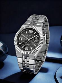 TOMI Men's Quartz Watch With Crown Brooch Ring, Stainless Steel Strap, Honeycomb Dial, Calendar, Suitable For Daily Life, Business Events, Father's Day, Valentine's Day, Christmas, Gift Set - Silver - View 3