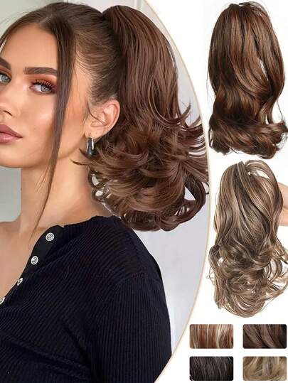 1 pièce Extensions de cheveux synthétiques bouclés courts et ébouriffés de 12 pouces avec clip en queue de cheval, accessoires pour cheveux noirs et blonds pour femmes