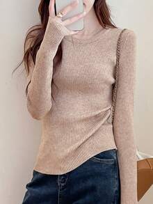 Suéter sencillo de cuello redondo, estilo completo para combinar con cualquier prenda - Caqui - Ver 2