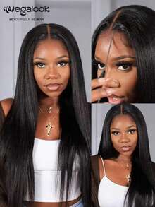 MEGALOOK 20英寸无缝柔顺直发假发，100%真人发丝 - 6英寸深蕾丝T字型假发，预剪蕾丝，12/20英寸波波头假发，预漂白发结，自然发际线，无胶假发 - SNatural - 查看 2