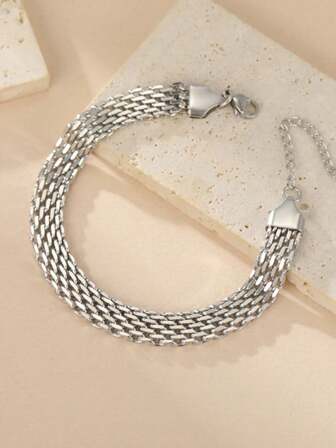 1Pc Vacuum Electroplating Stainless Steel Silver Color Strap Bracelet Vintage Knitted Strap Bracelet, , Enhance Personalized Charm Jewelry Accessories
