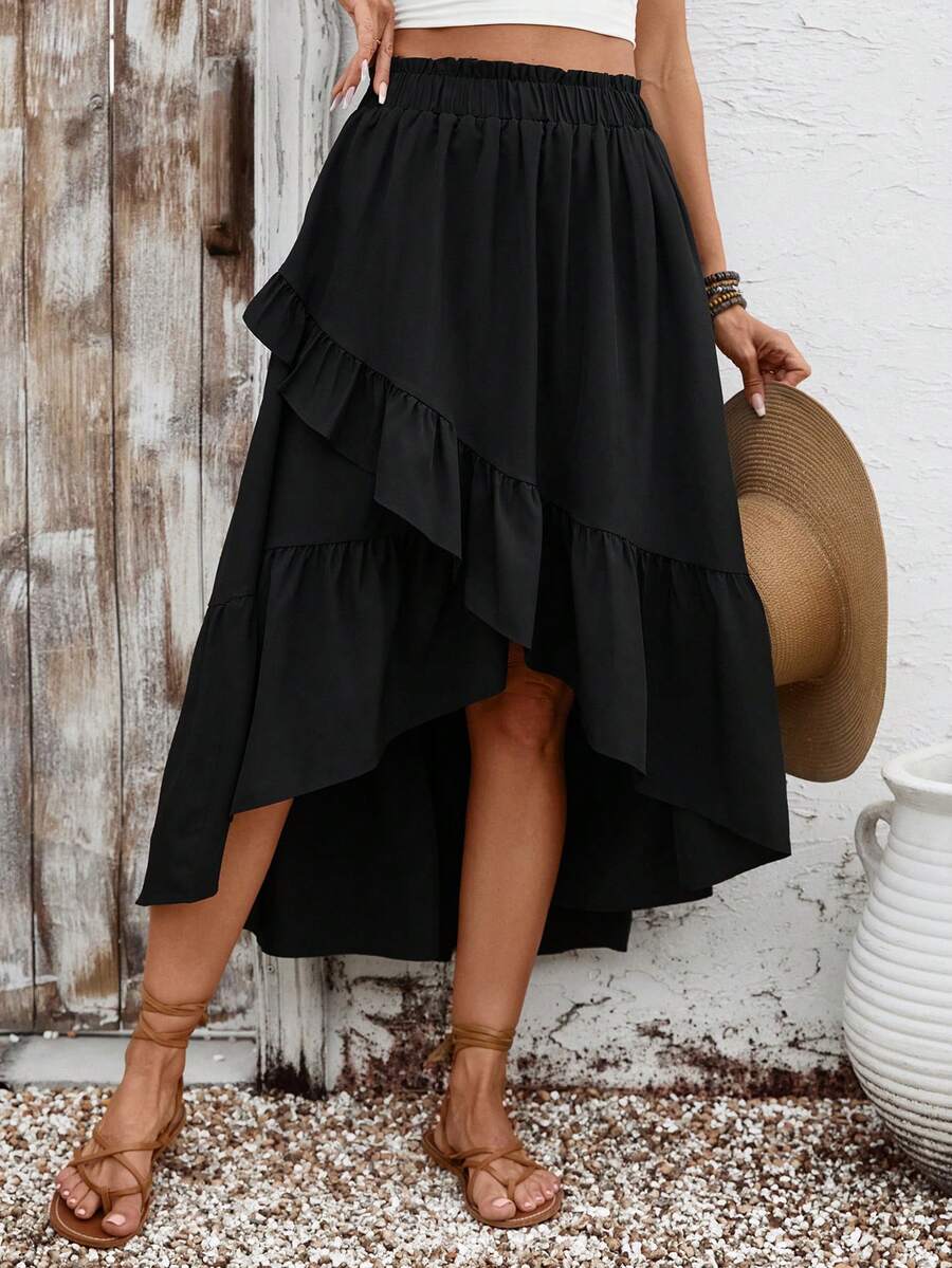Boho High Waist Ruffle Hem Tiered High-Low Skirt Elastic Waist Flowy A-Line Summer Vacation Beach Spring