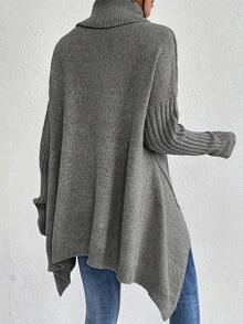 Women's Oversized Turtleneck Sweater - Irregular Hem, Multiple Colors, Cozy Warm Knit For Fall/Winter Style - Grey - View 2