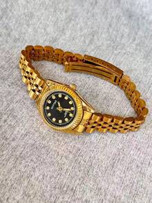 新款奢华金色女士腕表，韩版时尚简约优雅小众休闲百搭防水不锈钢石英表 - 黑色 - 查看 6