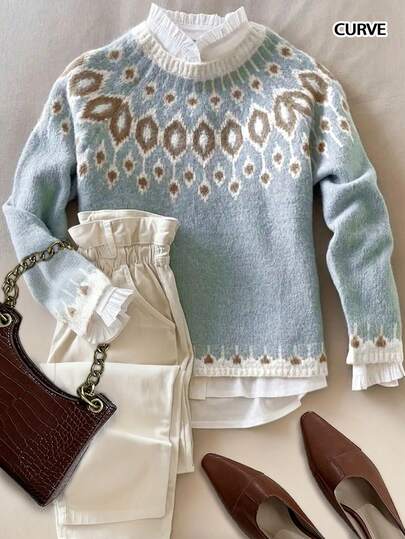 女式加大码秋冬休闲宽松费尔岛图案百褶圆领长袖羊毛套头衫，女式秋装，女式冬装，秋季上衣，工作/办公室，商务休闲女装