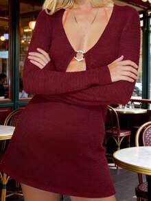 Sexy Resort Style Deep V-Neck Lace Hollow Metal Button Beach Long Sleeve Short Smock Dress - Burgundy - View 2