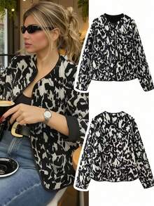 Palton de toamnă și iarnă pentru femei, casual, cu imprimeu animal, din bumbac, model bombardier, haină de serviciu, haină de exterior pentru navetiști, haină de exterior pentru femei, alb-negru, cu imprimeu color block și leopard, top și stil de Anul Nou pentru femei, haină bomber de iarnă, alb-negru, cu imprimeu abstract, palton scurt, cu umeri căzuți, mâneci lungi și detalii cu guler rotund, pentru purtare de zi cu zi - Negru - Vizualizare 4