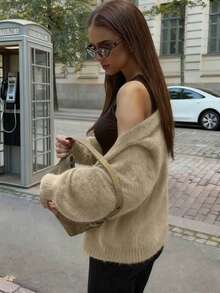 FOR BEAUTY Autumn/Winter New Solid Color Casual Loose Long Sleeve Knit Sweater, Fashionable, Elegant, Minimalist Oversized Cardigan, Soft & Warm, Suitable For Daily Commute, New Year Sweater Jacket - Khaki - View 2