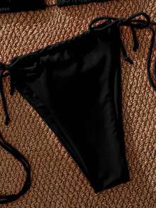 PEPPERMOLLY Nouveau ensemble de bikini avec attache dans le dos et bonnets souples de couleur unie, maillot de bain sexy pour femmes pour l'été et la plage - noir 1 - Voir 6