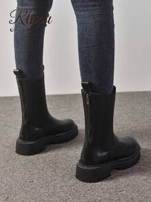 Fall/Winter 2025 Perfect With Jeans Women's Black Zip Back Thermal Lined Chelsea Boots, Elegant Round Toe Middle Heel Mid Calf Boots, Match With Jeans - Black - View 3