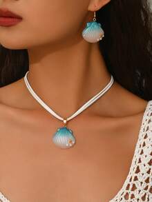 1 Set Of 3pcs Gradient Color Faux Pearl Shell Pendant Earrings Necklace Set, Fashionable Iridescent Carved Starfish Faux Pearl Pendant Earrings Necklace Set, Suitable For Women's Daily, Vacation, Party Wear - Blue and White - View 1