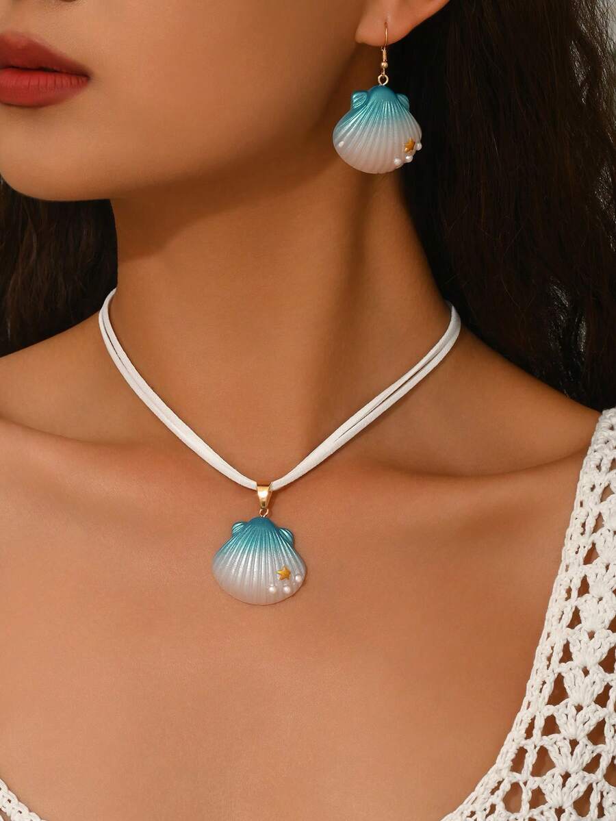 1 Set Of 3pcs Gradient Color Faux Pearl Shell Pendant Earrings Necklace Set, Fashionable Iridescent Carved Starfish Faux Pearl Pendant Earrings Necklace Set, Suitable For Women's Daily, Vacation, Party Wear - Blue and White - View 1