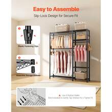 Clothing Garment Rack, Heavy Duty Clothes Rack, 6 Adjustable Tiers Clothes Racks With Steel Frame, 800 Lbs Load Capacity Closet Wardrobe With 3 Hanging Rods For Bedroom, Clothing Store, Hallway - Black - View 7