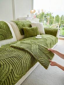 1pc Bohemian Style Solid Color Plush Sofa Cover - Quilted Craftsmanship, All-Season Use, Machine Washable, Pet Scratch Resistant, Soft And Comfortable Touch. Suitable For Living Room, Bedroom, Office And Other Home Scenes, Combines Decorative And Sofa Protection Functions, Fits Single To Three-Seater Sofas. - Green - View 6