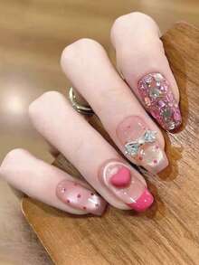 10 Stücke reine handgefertigte Aufklebe-Nägel in mittlerer Länge, Sarg-Form, rosa und weiße Katzenauge-Nägel mit Herz und Schleife, süß, Y2K, zart, paillettenbesetzt, elegant für Frauen und Mädchen, für Frühling, Sommer, Herbst, Winter, Feiertage und den täglichen Gebrauch, Nagelbedarf - Heißes Pink - Übersicht 4