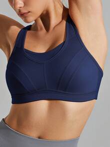 Wingslove 大码高强度运动文胸，女士款，无钢圈无衬垫全罩杯，宽肩带U型后背设计，透气舒适，适合跑步、健身房锻炼。 - 藏蓝色 - 查看 5
