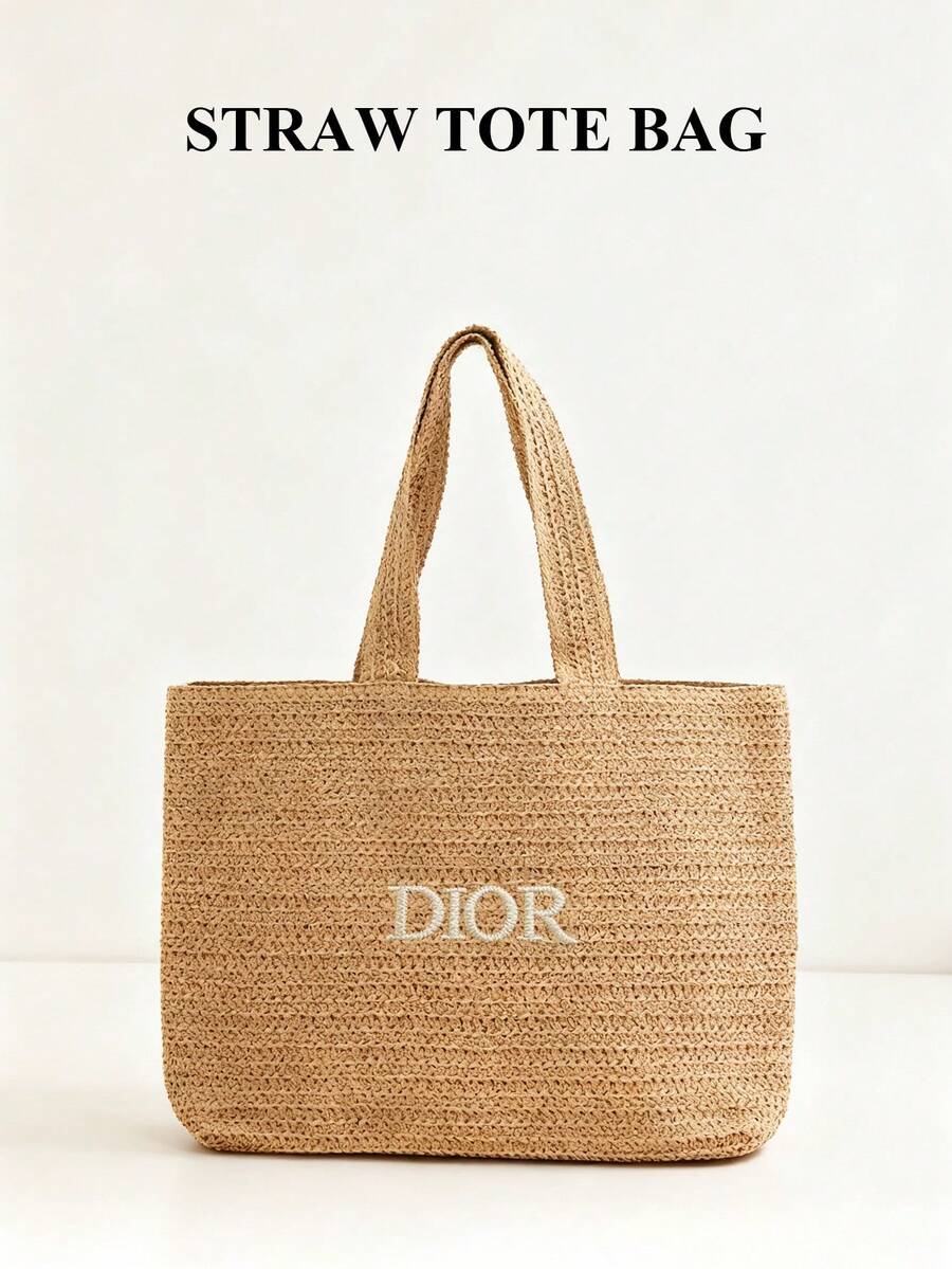 Christian Dior Bolso de paja para mujer, bolso grande beige, bolso de playa bohemio de vacaciones, bolso de hombro de verano