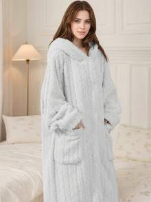 秋冬季女士法兰绒宽松加大码睡袍 - 睡衣，厚实保暖，柔软舒适，纽扣前襟，长袖，带帽，配有2个大口袋，长款睡袍家居服，浴袍，可机洗 - 彩色 - 查看 10