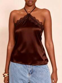 Women Satin Lace Trim Halter Tops Silk Sleeveless Tank Top Vest Y2k Loose Going Out Camisoles Streetwear - Cà phê nâu - Xem 1
