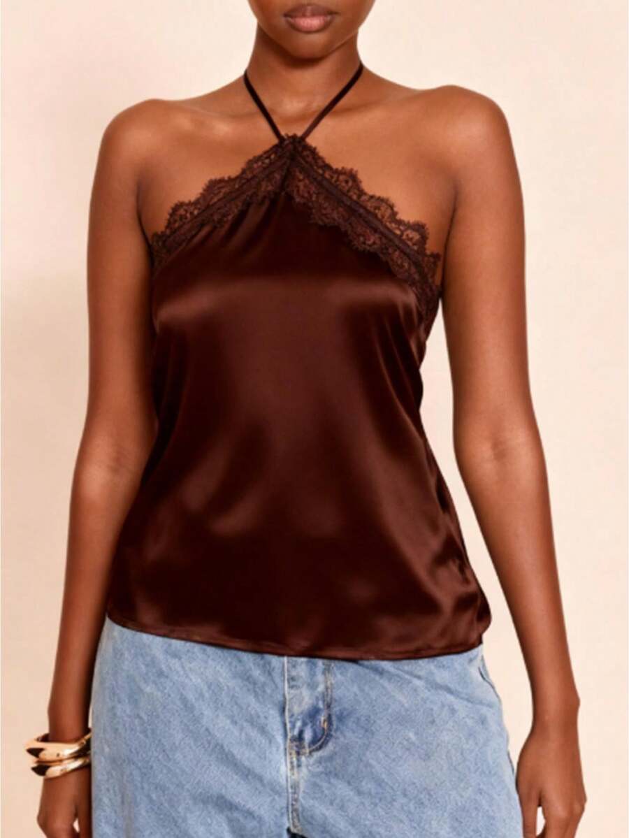 Women Satin Lace Trim Halter Tops Silk Sleeveless Tank Top Vest Y2k Loose Going Out Camisoles Streetwear - Cà phê nâu - Xem 1