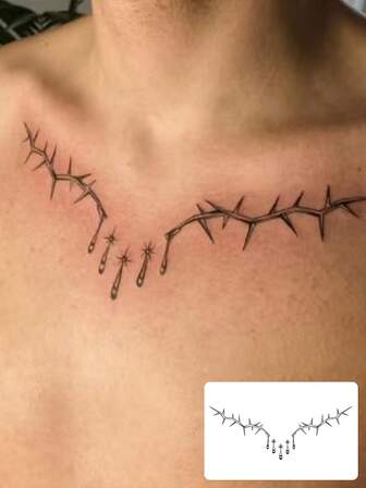 Waterproof, Sweatproof, Washable, One-Piece Dark Thorns And Blood-Dripping Herbal Temporary Tattoo Sticker. Waterproof, Long-Lasting, Semi-Permanent, Collarbone-Like Realistic Tattoo. Cool And Sexy Style Personalized Sticker.