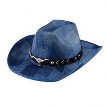 Sombreros de vaquera occidentales de mezclilla para adultos, modernos y clásicos, con ala ancha y cabeza de toro, para viajes al aire libre. - Azul - Ver 8