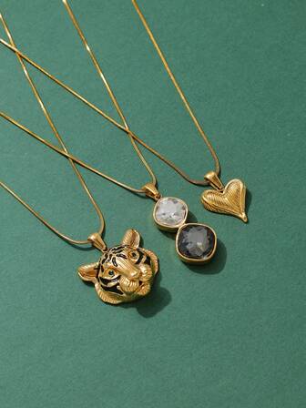 1 pieza Collar con colgante de acero inoxidable chapado en oro de 18K con circonita/tigre/corazón, adecuado para uso diario, fiestas, vacaciones y como regalo para mujeres