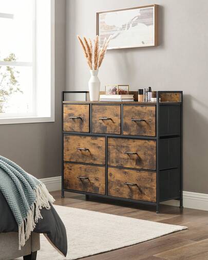 Chest Of Drawers, Bedroom Cabinet, 7 Fabric Drawers With Handles, Metal Frame, Rustic Brown And Ink Black