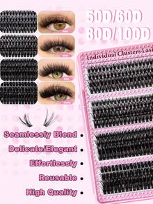 640pcs D-Curl Eyelash Extension Kit, 10D, 20D, 30D, 40D, 50D, 60D, 80D, 10D Lash Clusters, 9-16mm Mixed Individual Lashes, Includes Lash Glue, Sealant, Brush And Tweezers, DIY Eyelash Makeup - Black - View 2
