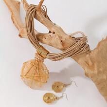 手工夸张多层铝线人造水晶蜡线树脂编织欧美波西米亚复古魅力晚宴派对宴会海蓝色风韩式假日休闲项链耳环 - 裸色 - 查看 5