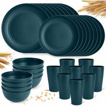 Plastic Plates And Bowls Sets, Dishwasher And Microwave , Reusable, Lightweight Unbreakable Dinnerware Sets 8, 32 Pcs - Kitchen, Camping, Outdoor, RV - Wheat Straw Look - Green1 - View 1