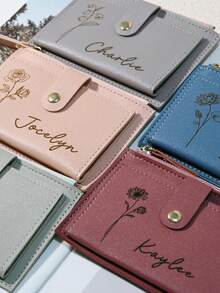 Personalized Women's Genuine Leather Wallet, Customizable With Birthday Floral Pattern And Name, Mother's Day Gift, Bridesmaid Gift, Christmas Gift, Valentine's Day Gift, Personalized Women's Folding Wallet, Women's Party Gift, Bridesmaid Gift, Holiday Gift